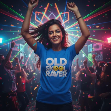 stomp ravewear - techno saved me clothing - a Black t-shirt with an old skool 90s rave image printed on the front - Custom text on the back