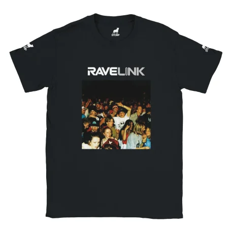 stomp ravewear - techno saved me clothing - a Black t-shirt with an old skool 90s rave image printed on the front - Custom text on the back