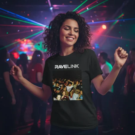 stomp ravewear - techno saved me clothing - a Black t-shirt with an old skool 90s rave image printed on the front - Custom text on the back