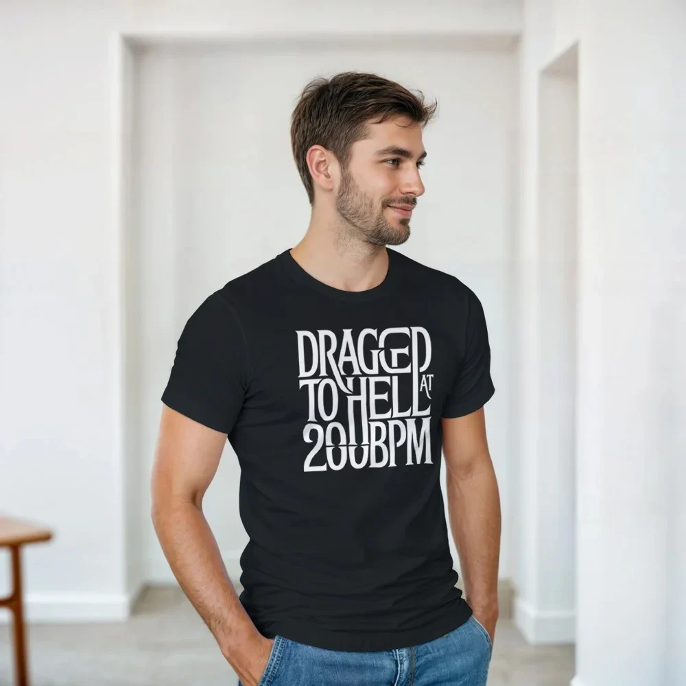 A man wearing Dragged To Hell At 200 BPM Stomp ravewear t-shirt - techno saved me - unisex clothing
