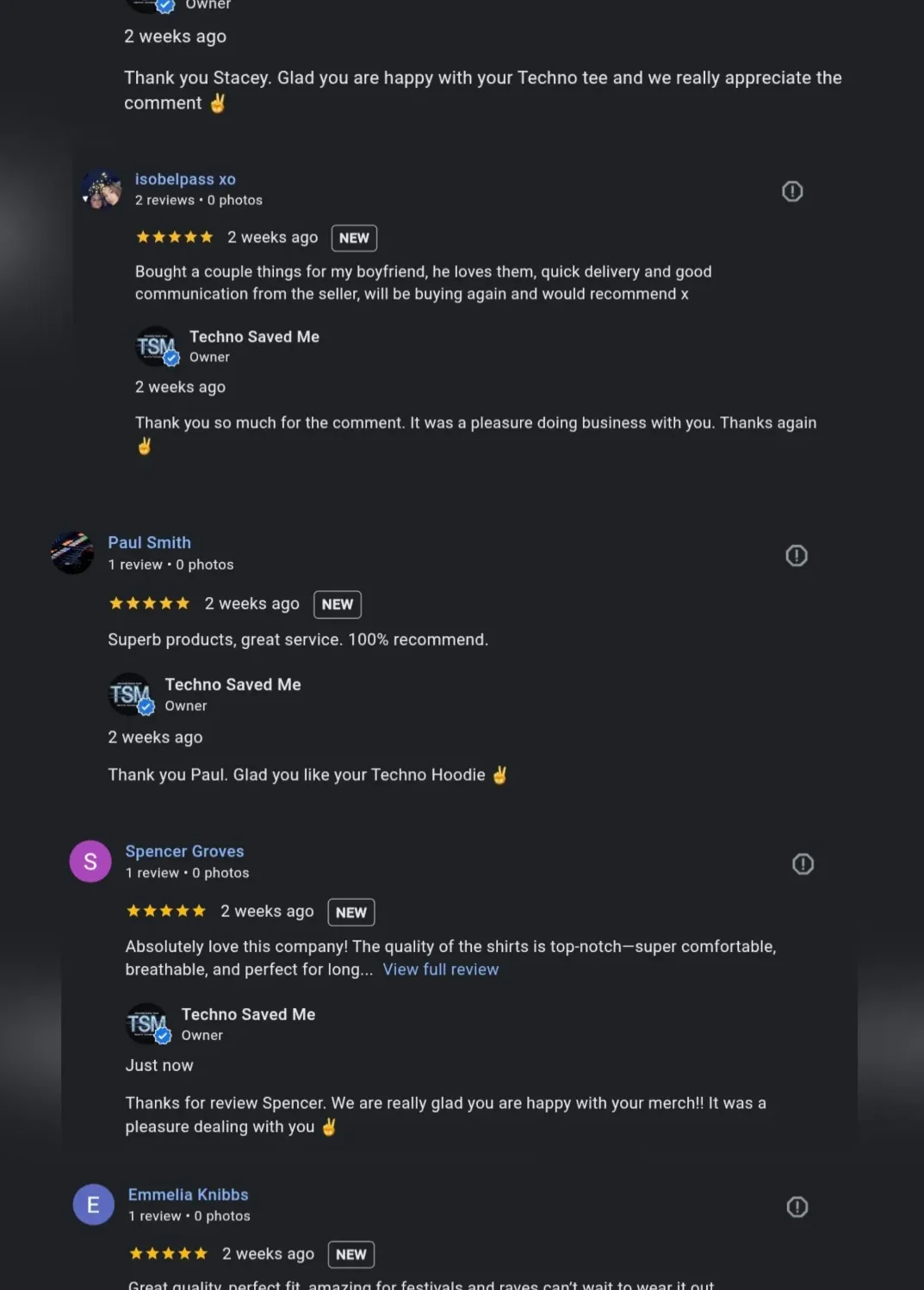 a list of 5 star google reviews on Techno saved Me Google page - All positive - for Unisex Rave and festival clothing